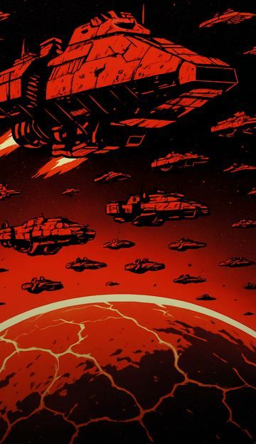 Crimson Fleet warships in red, over a cracked red world.