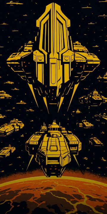 A Solar Dominion spire ship in gold, over a cracked world.
