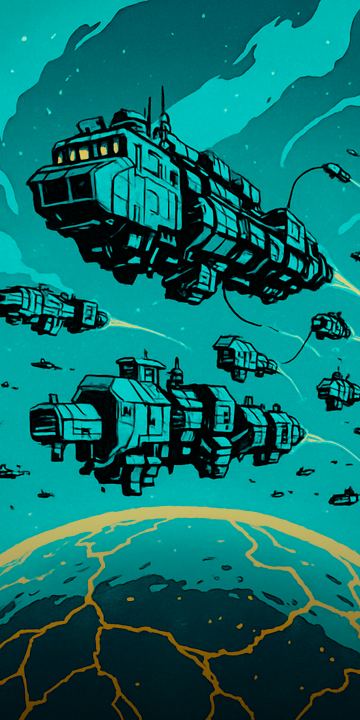 Free Traders Guild freighters in teal, over a cracked world.