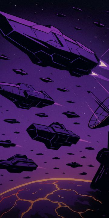 Void Syndicate warships in purple, over a cracked world.