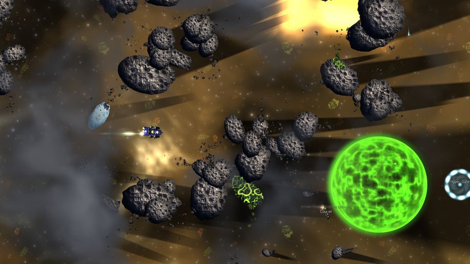 In-game: a ship flying through a dense asteroid field near a green world.