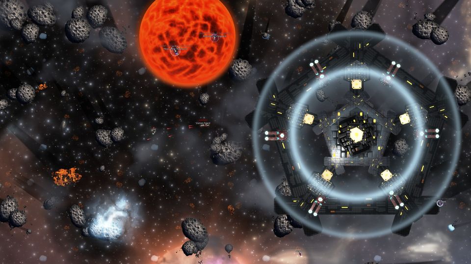 In-game: a shielded pentagonal boss station in an asteroid field beside a red planet.